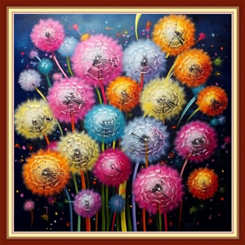 Image of Disxvivy Cross Stitch Stamped Full Embroidery Kits DIY 11CT Cotton Thread Printed DIY Needlepoint Kits Craft Needlework Set Cross-Stitch Stamped Sets-Colorful Dandelion 18x18 inch