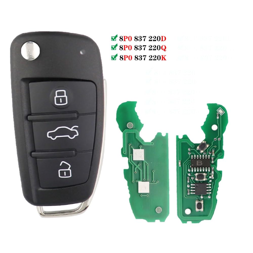 Chiave telecomando auto 433 MHz per Audi Q7 B7 Q3 A3 TT A2 A8 A6 A6L A4 S5 C5 C6 B6 A4L A5 Q5 S RS S18X0837220 8P0837220D 8P0837220Q/8P0837220K