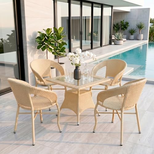 Image of BRISHI 5-Piece Outdoor Rattan Wicker Patio Square Coffee Table Set | Garden Furniture for Balcony, Terrace, Poolside & Porch | Waterproof Bistro Sets for Home & Backyard (Cream)