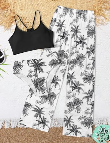 Image of NECIOUS Girls Swimsuit, 3 Piece Bikini Bathing Suit Tropical Floral Swimwear with Cover Up Pants 7-16Y