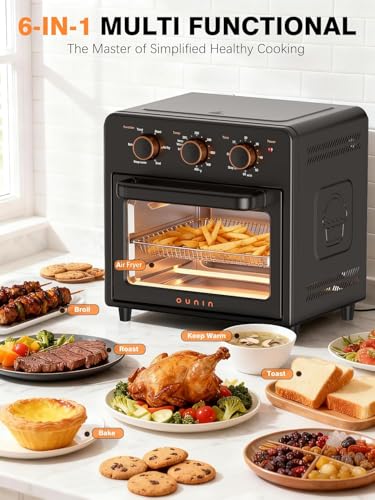 Image of OUNIN Air Fryer Toaster Oven with Steam Infusion, 12 QT Compact Countertop Oven, 6-in-1 Stainless Steel Combo Bakes, Broils, Grills & Warms, Fast Preheat, 60-Minute Timer - Small Kitchen Friendly