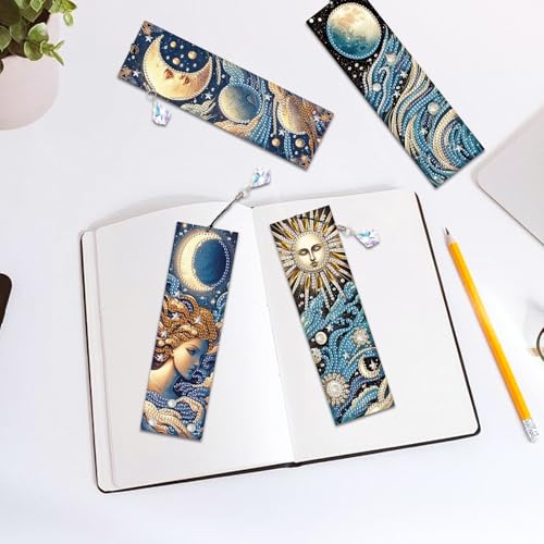 Image of 4-Piece Diamond Painting Bookmarks Set for Adults - Sun, Moon, and Waves Design DIY 5D Rhinestone Diamond Art Bookmark Kits with Tassels, Beautiful Diamond Art Bookmarks for Crafts Gifts