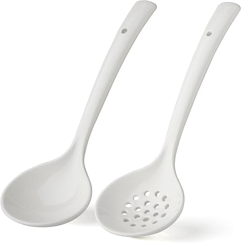 Ceramics - Juego de 2 cucharones de sopa grandes con cucharas ranuradas, cucharones de cocina, cucharas coladoras de ollas calientes para cocinar,