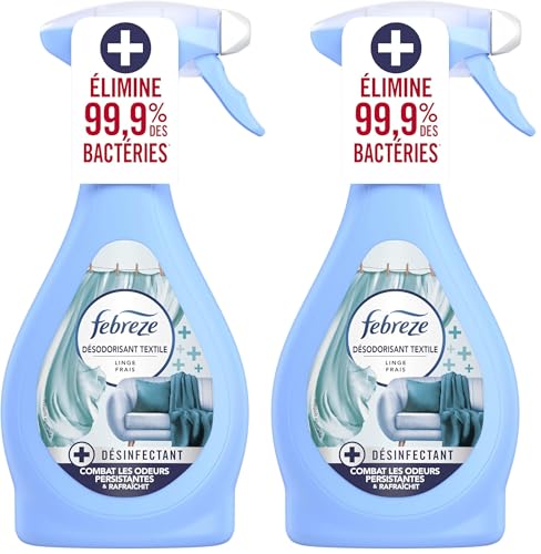 Febreze Spray Désodorisant Textile Désinfectant 385 ML Linge Frais, Élimine 99,9% Des Bactéries, Combat Les Odeurs Difficiles Et Rafraîchit (Lot de 2)