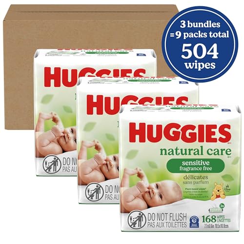 Image of Huggies Natural Care Sensitive Baby Wipes, Unscented, Hypoallergenic, 99% Purified Water, 9 Flip-Top Packs (3 packs of 3), 504 Total Wipes (56 Wipes per pack), Packaging May Vary