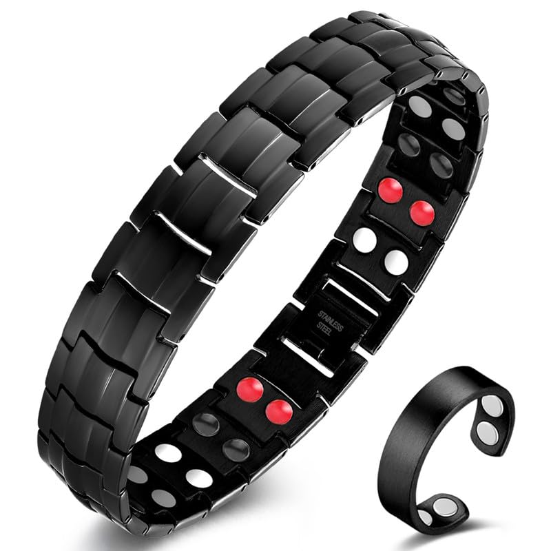 Cigmag Lymphdrainage Magnetarmband Herren 4 Elemente Ultrastarke Magnete Titan verstellbar mit Entnahmewerkzeug und Geschenkbox (Schwarz)