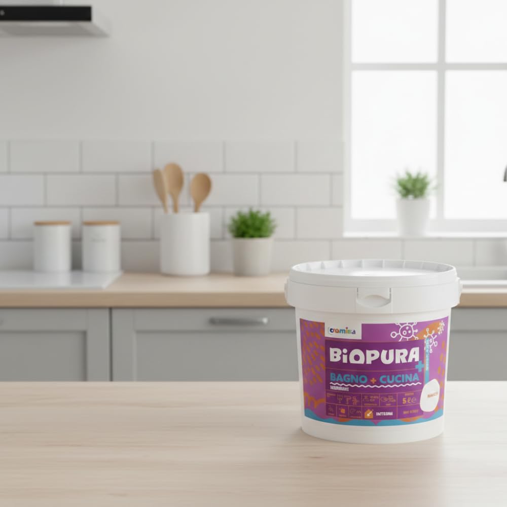 Kit Idropittura Traspirante Antimuffa Bianco Bagno Cucina 5 Litri con T-shirt Soft Chaos in Cotone, Design Malva e Terracotta (M)