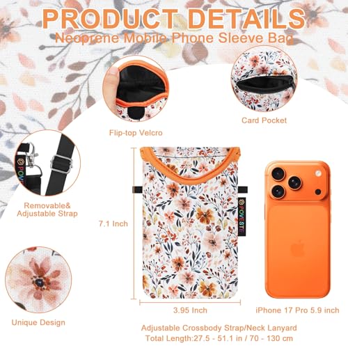 Image of POVESTE Neoprene Cell Phone Sleeve Pouch Case Bag with Crossbody Strap Lanyard for Women, Flap Closure Secure Cell Phone Bag with Pocket for Cards, Cash. (Flower Power)