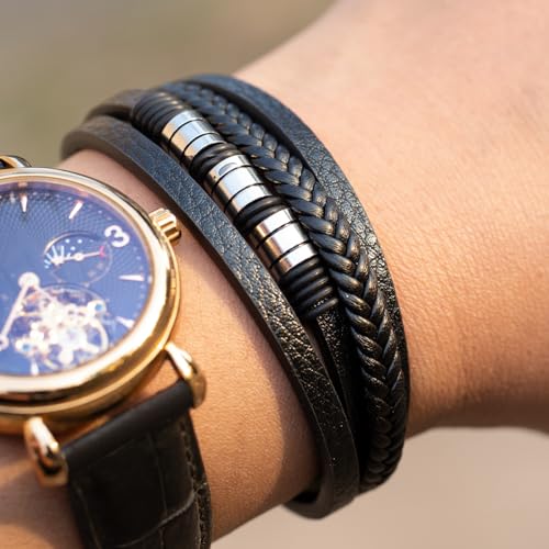 Pulsera de cuero para hombre multi capas negra miniatura 2