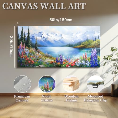 crmotu Lake Wildflowers Large Wall Art, Snow Mountain Forest Wall Decorations, Nature Landscape Canvas Art Prints, Rustic Bright Pictures Wall Decor Living Room Bedroom Farmhouse Kitchen 30x60 Inch