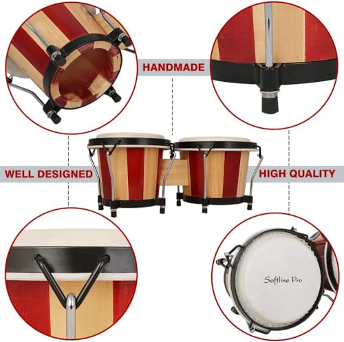 Image of Softline Pro Bongo Drum Set with Tuning Wrench & Padded Professional Wooden Percussion Instrument for Beginner Adults Kids - Natural Skin (Red Stripe - Normal)