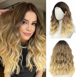 Ombre Blond Perücke 45,72 cm Mittellange Perücken für Frauen Mittelscheitel Synthetisches Haar Wellige Perücke mit verbesserten Strähnen,Natürliche Perücke für Alltag Party/Halloween