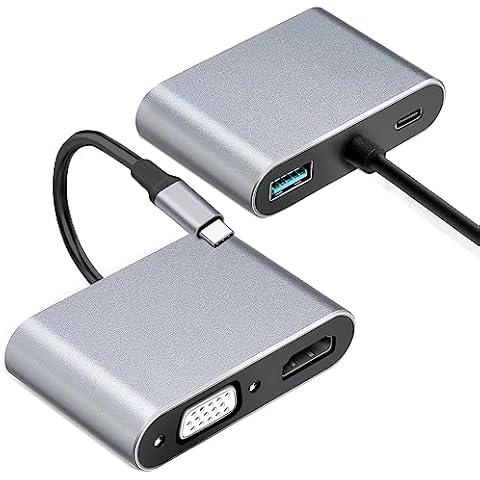 USB C to VGA HDTV MultiPort Adapter, Ultra Portable 4-in-1 USB Type-C Multiport 4K HDTV VGA Port Hub Compatible for MacBook Pro/Dell XPS/Samsung Galaxy (Grey) Cover