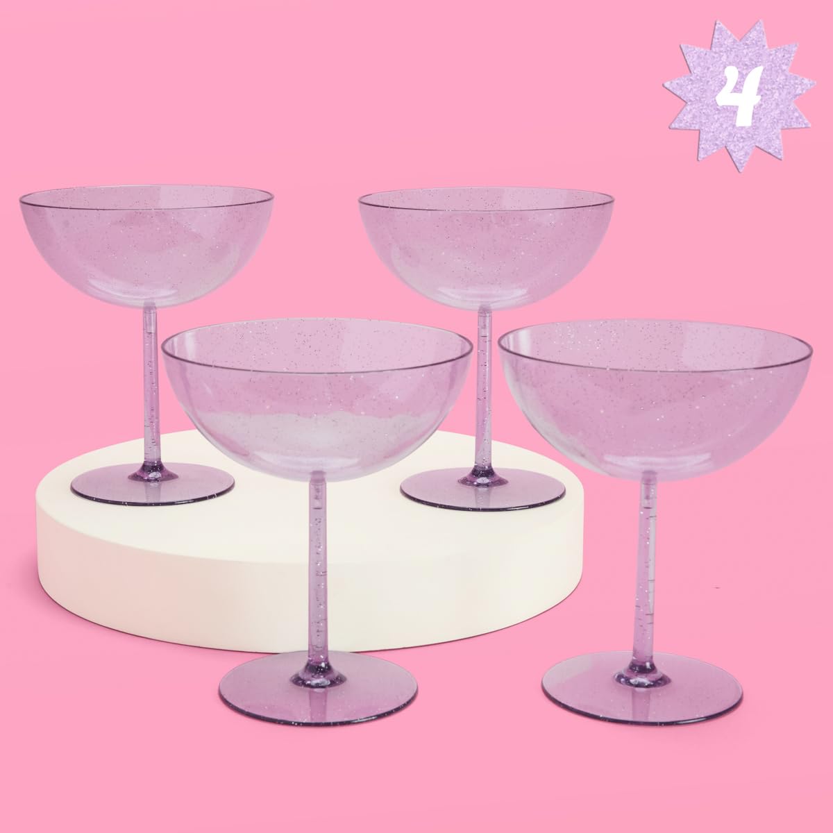 xo, Fetti Lavender Plastic Glitter Coupe Cups - Set of 4 | Bachelorette Party Decorations, Purple Cute Birthday Party Supplies, Reusable Bridal Shower