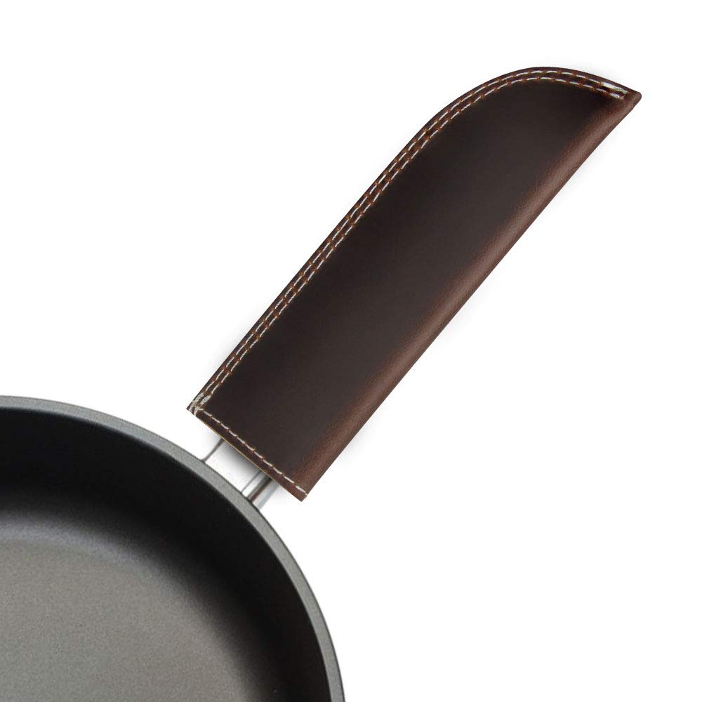 iBazal Leather Hot Handle Holder Heat Protecting Panhandle Potholder Cover for Cast Iron Skillets, Frying Pans & Griddles, Pot, Grill, Fry Handmade, Metal and Aluminum Cookware Sleeve Grip - Coffee/S