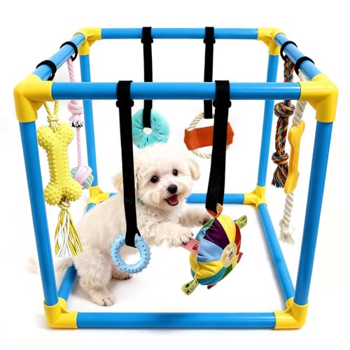 LemSen Puppy Play Gym with 8 Hanging Toys - Indoor Jungle Gym for Small Dogs Interactive Enrichment Activity Center for Puppies 19.5 PVC Frame with Teething Squeaky Toys to Keep Them Busy