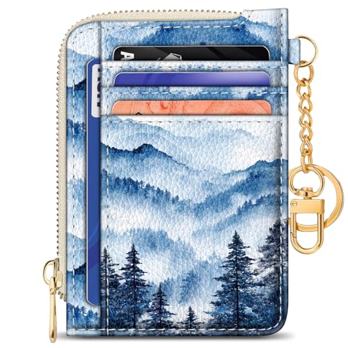 Image of GIANCOMICS Slim Wallet Credit Card Holder Women, Hoarfrost Ink Painting Rfid Small Card Case, Keychain Thin Pocket Curved Zipper Wallet, Travel Card Holder PU Leather ID Window, Ladies Female Gifts