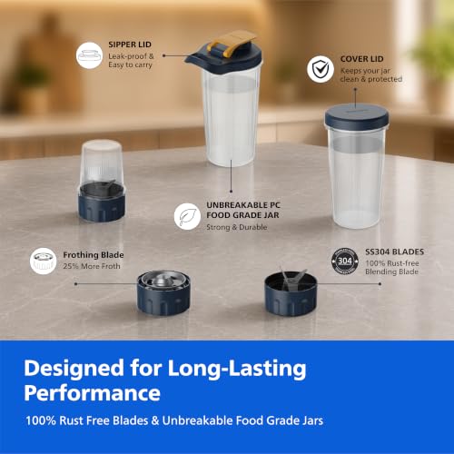 Image of Philips HR2613 /00 Mini Blender | 2 Blending Blades & 1 Frothing Blade | ProBlend Technology | 3 Unbreakable Food-Grade PC Jars | Blend & Carry | Smoothies, Protein Shakes, Cold Coffee & More (Blue)