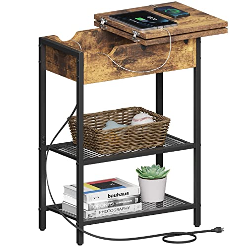 Lifewit Narrow End Table With 2 Power Outlets And 2 Usb Ports, Flip Top Drawer Side Table With Metal Mesh Storage Shelves And Charging Station For Small Places, Living Room, Bedroom, Rustic Brown #TOP23