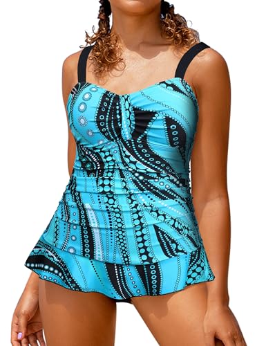 Hilor Women's 50's Retro Ruched Tankini Swimsuit Top with Ruffle Hem Bathing Suit Top Tummy Control Swim Tops2