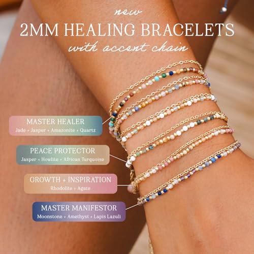 Lotus and Luna 2MM Master Healer Energy Chakra Healing Dainty Layered Bracelet with Real Stones Jade, Pearl, Rose Quartz, Amethyst, Moonstone3
