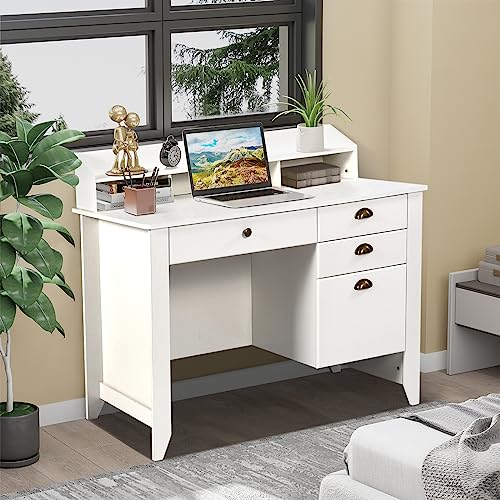 White Desk with 4 Drawers Storage, Computer Small Desk with File Drawer and Hutch, Student Desk Kids Desk for Bedroom, Home Office, White