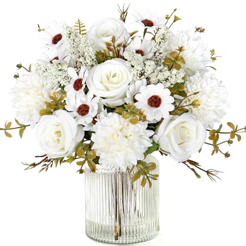 MEIVINES Flores Artificiales 2 Piezas Ramo de Seda de Rosas y Margaritas Artificiales Flores Artificiales Decoracion para Boda, Hogar, Mesa, Fiesta (Blanco, 2PCS)