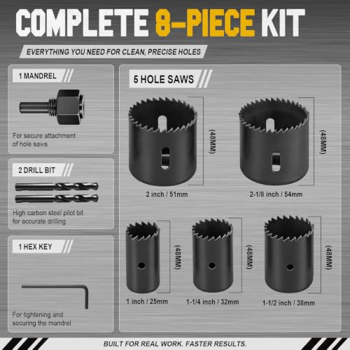 Image of KATA 8PCS Deep Cut Hole Saw Kit 1 inch - 2-1 /8 inch for Wood, PVC, Drywall, Plywood | Upgraded 48mm Cutting Depth Hole Saw Set for Thicker Wood, Cabinet Panels and Plastic, Includes 5 Sizes, Accessories and Case