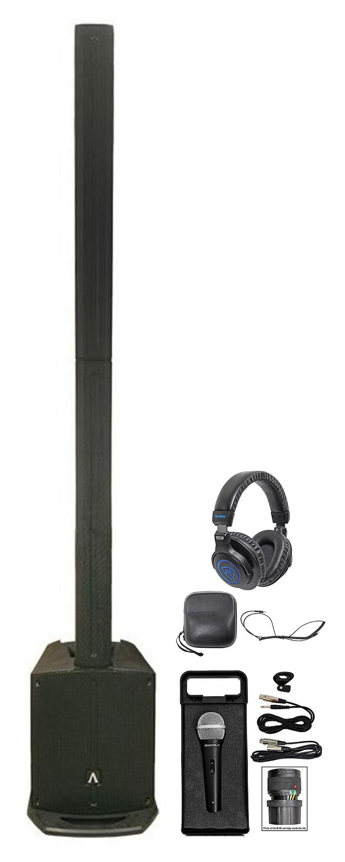 Audiosavings Bundle: Avante Audio Achromic AS8 ACDC 1000W Powered Column PA System Black Bundle with Rockville DJ Headphones + RMC-XLR High-End Metal DJ Handheld Wired Microphone w/ 2 Cables (3 Items)