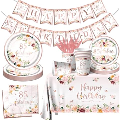 85 Fabulous Party Supplies - Rose Gold Party Decorations 85th Birthday Tableware Set Plates,Napkins,Tablecloth Rose Gold Floral Table Decoration for Men Women Birthday,85 Fabulous Decorations Cover