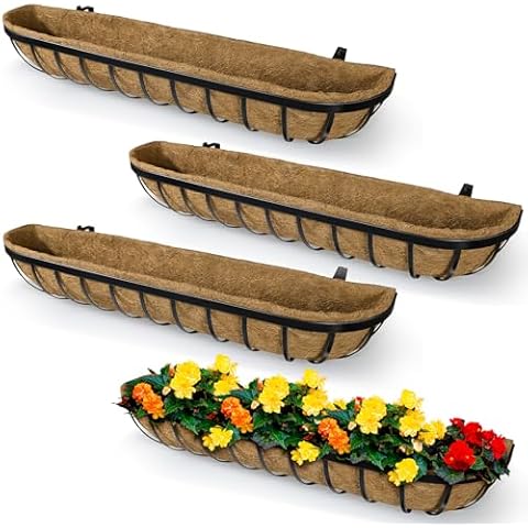 BeapTcely 4 Pack 24 Inch Window Deck Railing Planter Boxes with Coconut Liner, Large Hanging Window Flower Boxes Metal Railing Planter for Balcony Fence Porch (4, 24 Inch) Cover