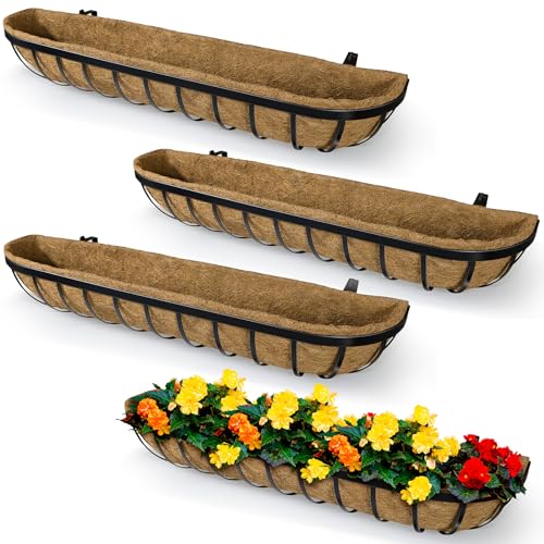 BeapTcely 4 Pack 24 Inch Window Deck Railing Planter Boxes with Coconut Liner, Large Hanging Window Flower Boxes Metal Railing Planter for Balcony Fence Porch (4, 24 Inch)