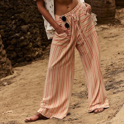 Obenie Women's Wide Leg Casual Striped Pants with Drawstring Elastic Waist Wide Leg Pants Y2K Striped Pants with Pockets2