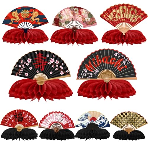 Gameza Hibachi Birthday Party Decorations - 9PCS Japanese Party Decorations Japanese Style Paper Fans Honeycomb Centerpieces Table Decor Asian Baby Shower Wedding Birthday Decor Supplies