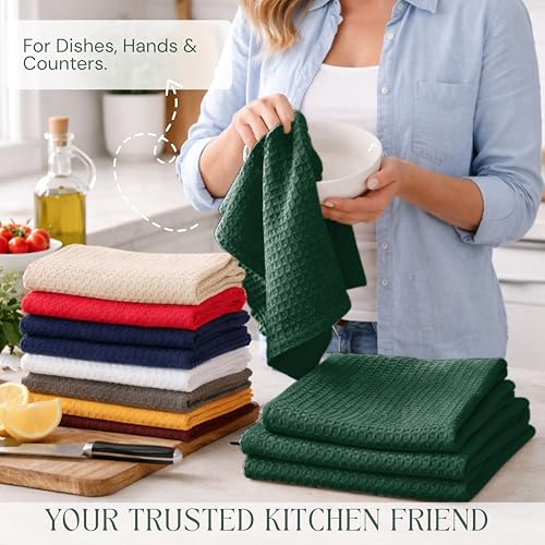 Image of Forest Green Kitchen Dish Towels Set of 12-100% Cotton Waffle Weave, Super Absorbent, Soft, Quick Drying, 16x26 Inches, Ideal for Cleaning, Bar, Tea, and Everyday Use, Olive Green