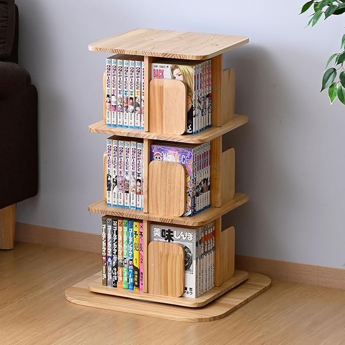 【新品】天然木　360度回転式本棚/ブックシェルフ 省スペース 大容量 DIY可 MRG JAPAN 本棚 回転 回転式本棚 3段 4段 5段 絵本ラック 木製 ブック