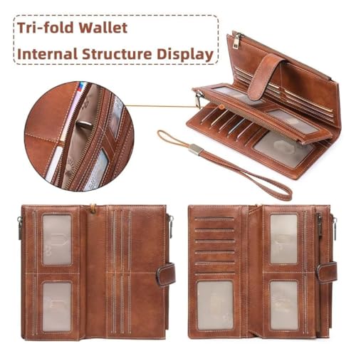 Image of Women Leather Wallet Crossbody Shoulder Bag with Double Zipper and Mobile Phone Purse with Shoulder Strap
