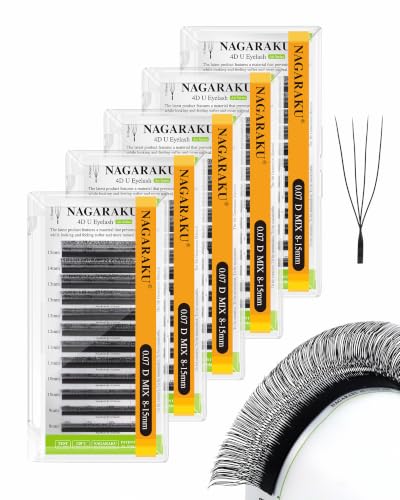 NAGARAKU 4D U Lash Extensions 0.07 D 8-15mm Mix 5 Trays/Pack Matte Black