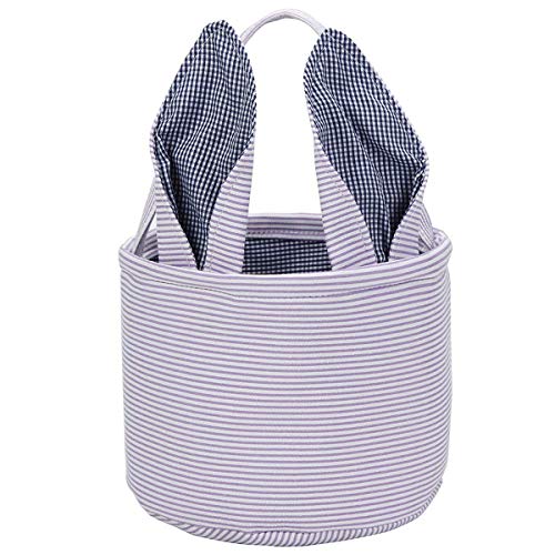 Image of Easter Basket Seersucker Egg Hunt Bunny Baskets for Kids with Cute Rabbit Ears Stripe Storage Gifts Candies Personalized Easter Party Gifts.