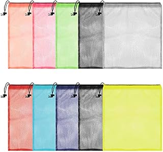 BELLE VOUS Multicoloured Nylon Mesh Drawstring Laundry Bags (10 Pack) - 35.5 x 40cm / 14 x 15.75 inches - Sack Cord Bag for Storage, Travel, Washing, Sports Equipment, Beach, Toys, Golf and Swimming