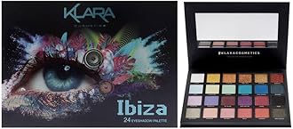 Klara Cosmetics 24 Shade Eyeshadow Palette Ibiza glamorous shimmers bold mattes strong pastel tones long lasting full pigment