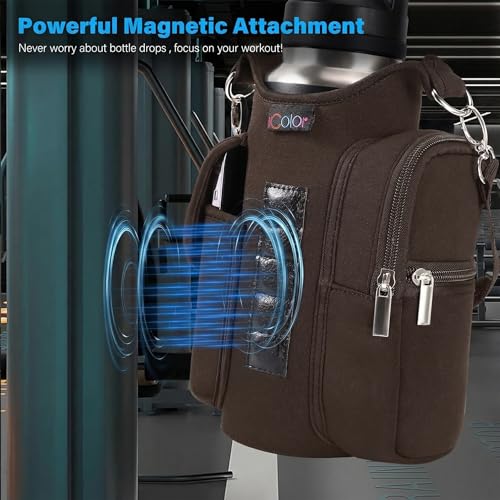Image of icolor Magnetic Gym Bag Water Bottle Carrier Holder with Phone Pockets & Shoulder Strap,Gym Magnetic Bag 5 Built-in Magnets Gym Accessories Organizer Sling Bottle Bag Pouch Sleeve (Neoprene, Brown)