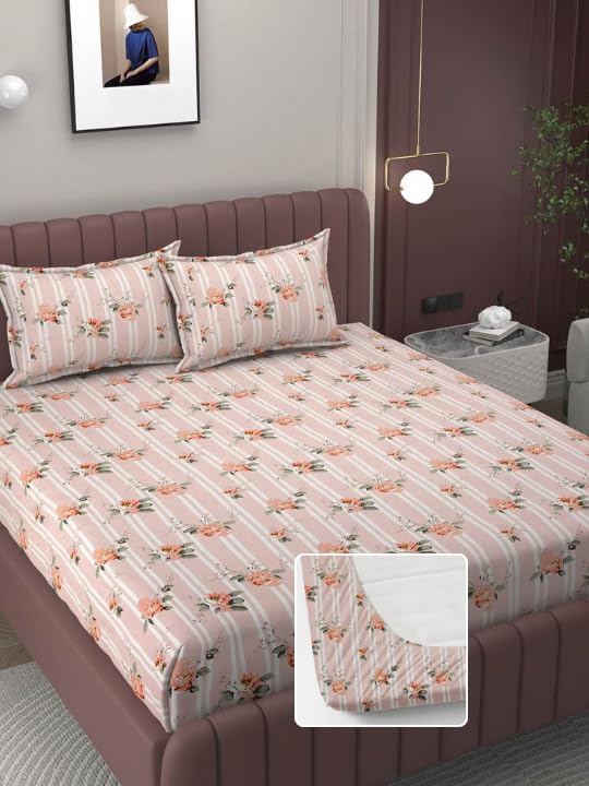 Image of 380 TC Premium Glace Cotton Elastic Fitted Bedsheet King Size with 2 Pillow Covers King Size | Double Bed with All Around Elastic (Rose Flower, Fitted - 72 inchx78 inch King)