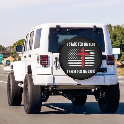 Image of I Stand for The Flag,Kneel for The Cross Spare Tire Cover Dust-Proof Wheel Tire Cover Fit Trailer, RV, SUV and Many Vehicle 14 Inch