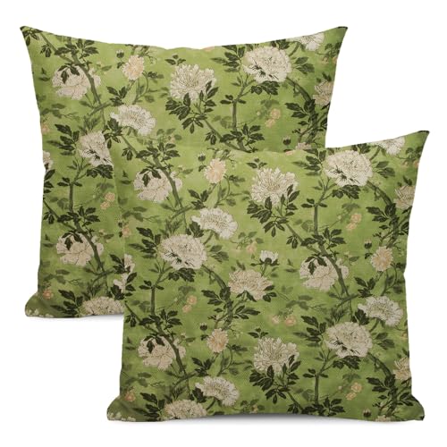 OFIRD Chinoiserie Pillow Covers 18x18 Pack of 2 Sage Green Floral Throw Pillow Covers Outdoor Decoration Vintage Spring Summer Flower Pillowcase Farmhouse Decorative Linen Cushion Case for Home Sofa