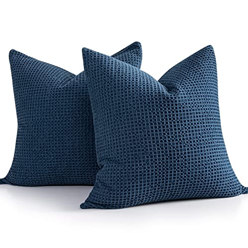 COCOPLOCEUS 26x26 Pillow Covers Set of 2 Euro Shams Cotton Euro Sham Pillow Covers Waffle Weave Pillowcase Farmhouse Decorative Euro Throw Pillow Covers for Couch Sofa Bedroom Car, Dark Blue