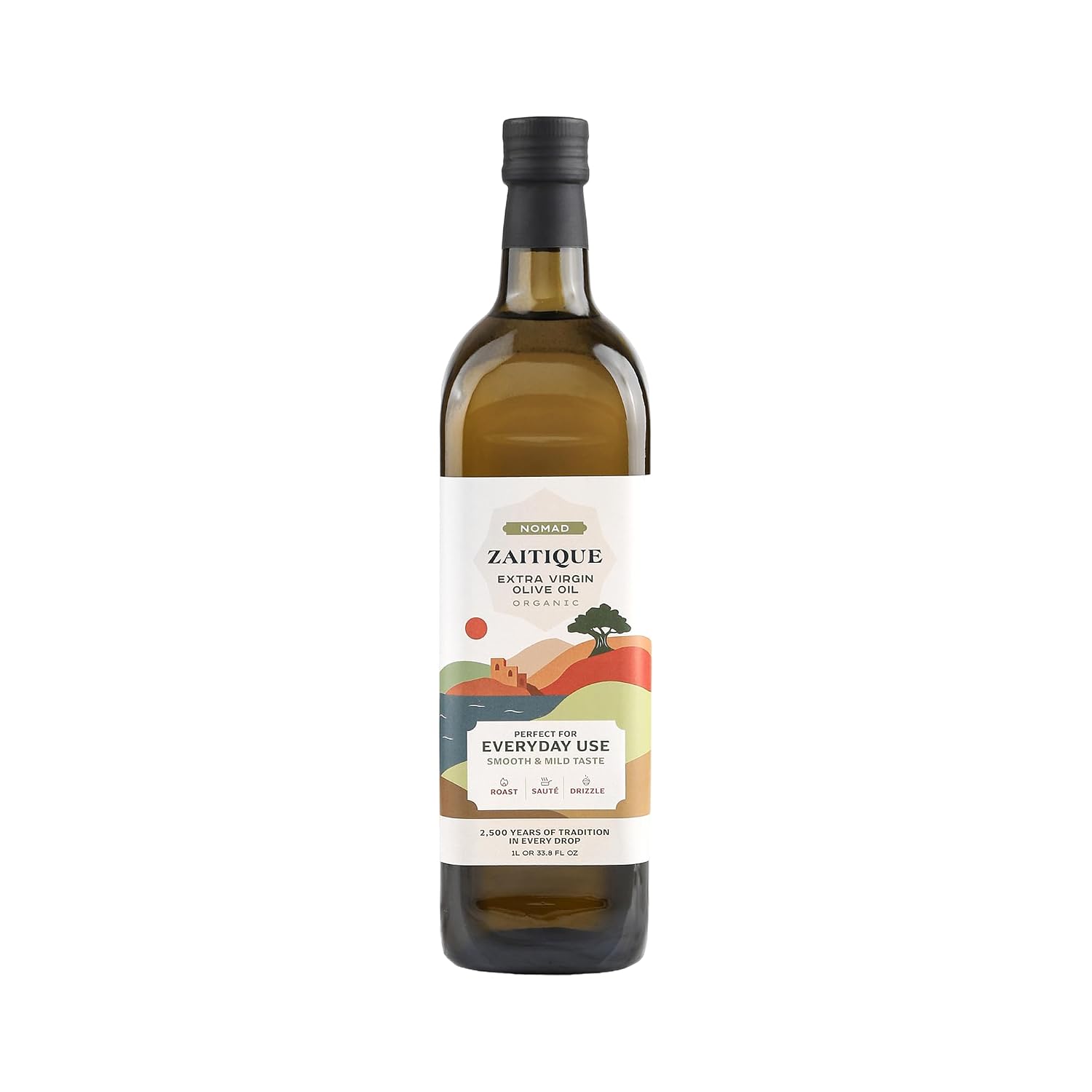 Zaitique Nomad Organic Extra Virgin Olive Oil, 1L, Award-Winning 100% Tunisian Cold Pressed EVOO, Single Origin, Smooth Everyday Cooking & Baking Oil in Dark Glass Bottle