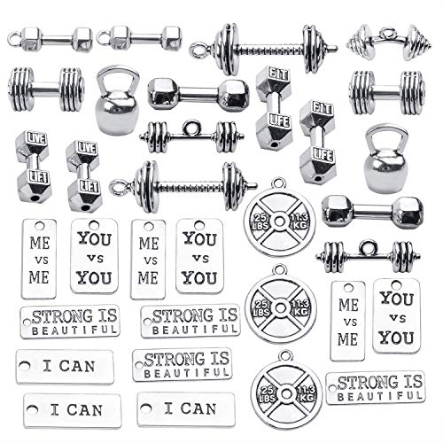 BronaGrand 32 Stück Sport Charms Barbell Dumbbell Kettle Bell Weightlifting Pendant Square Word Charms for Necklace Bracelets Jewellery Making Crafting,14 Styles Cover