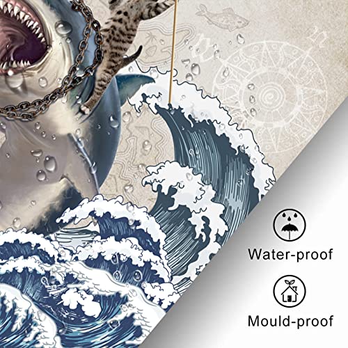 Leitingya Funny Cat Shower Curtain, Cool Cat Riding Shark Shower Curtain, Japanese Ocean Wave Nautical Anchor Shower Curtains For Bathroom, Waterproof Shower Curtain Set 12 Hooks Included -72X72 Inch #TOP5