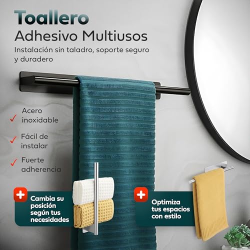 Miniatura 2 de Roviq Toallero Adhesivo Sin Taladro Para Baño 1 Toallero 4 Ganchos Acero Inoxidable 304, Adhesivo 3m Vhb, Instalación Limpia En Pared Diseño Moderno, Color Negro Mate